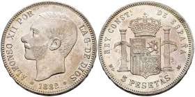 ALFONSO XII (1874-1885). 5 Pesetas. (Ar. 24,99g /37mm). 1882/1 *18-81. Madrid MSM. (Cal-2019-45). EBC+. Bonita pátina. Escaso ejemplar.