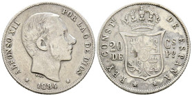 ALFONSO XII (1874-1885). 20 Centavos de Peso. (Ar. 5,14g/23mm). 1884. Manila. (Cal-2019-110). BC+. Escasa.