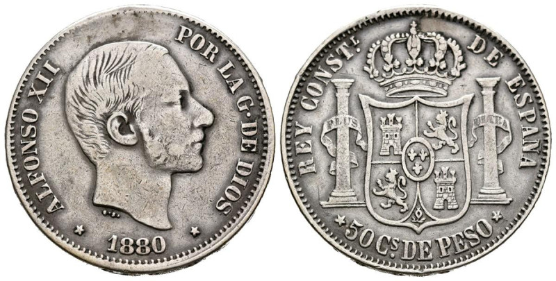 ALFONSO XII (1874-1885). 50 Centavos. (Ar. 12,80g/30mm). 1880. Manila. (Cal-2019...