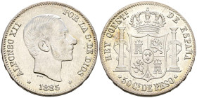 ALFONSO XII (1874-1885). 50 Centavos de Peso. (Ar. 12,84g/30mm). 1885. Manila. (Cal-2019-124). EBC-/EBC. Limpiada.