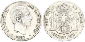ALFONSO XII (1874-1885). 50 Centavos. (Ar. 13,03g/30mm). 1885. Manila. (Cal-2019-124). MBC/MBC+. Limpiado.