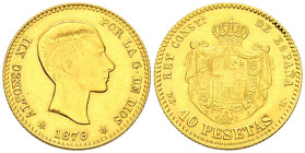 ALFONSO XII (1874-1885). 10 Pesetas. (Au. 3,19g /19mm). 1878. *18-78 . Madrid EMM. Réplica de joyería en oro de 0,750 milésimas. MBC+.