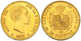 ALFONSO XII (1874-1885). 25 Pesetas. (Au. 8,05g/24mm). 1877 *18-77. Madrid DEM. (Cal-2019-68). MBC+.
