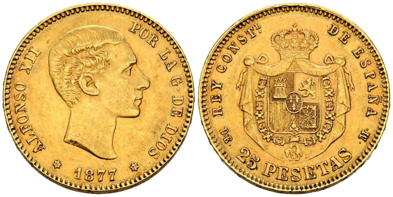 ALFONSO XII (1874-1885). 25 Pesetas. (Au. 8,06g/24mm). 1877 *18-77. Madrid DEM. ...
