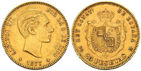 ALFONSO XII (1874-1885). 25 Pesetas. (Au. 8,06g/24mm). 1877 *18-77. Madrid DEM. (Cal-2019-68). MBC+.