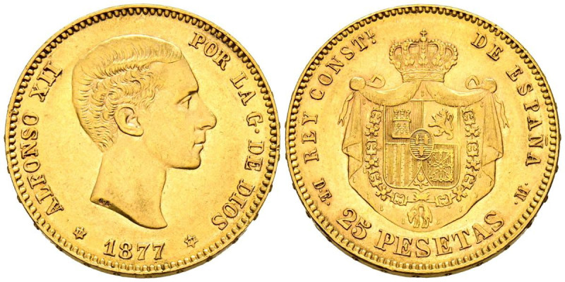 ALFONSO XII (1874-1885). 25 Pesetas. (Au. 8.08g/24mm). 1877 *18-77. Madrid DEM. ...