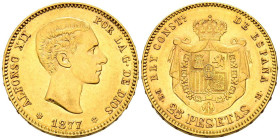 ALFONSO XII (1874-1885). 25 Pesetas. (Au. 8.08g/24mm). 1877 *18-77. Madrid DEM. (Cal-2019-68). EBC.
