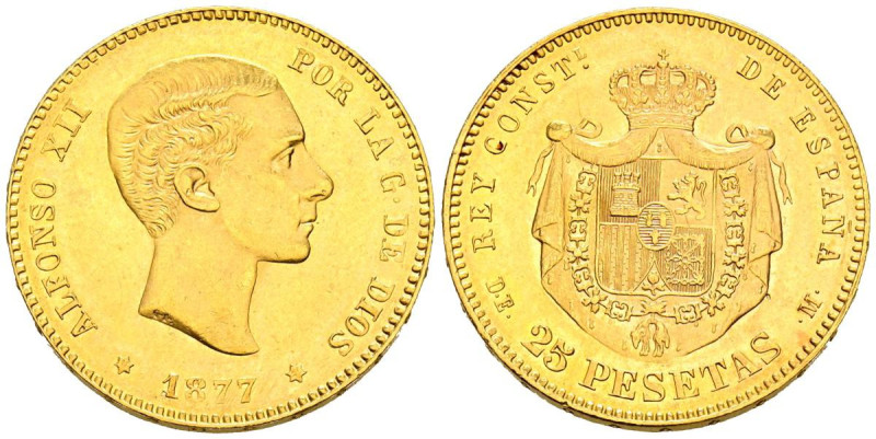 ALFONSO XII (1874-1885). 25 Pesetas. (Au. 8,06g/24mm). 1877 *18-77. Madrid DEM. ...