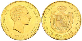 ALFONSO XII (1874-1885). 25 Pesetas. (Au. 8,06g/24mm). 1877 *18-77. Madrid DEM. (Cal-2019-68). EBC-.