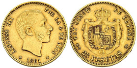ALFONSO XII (1874-1885). 25 Pesetas. (Au. 8,05g/24mm). 1881 *18-81. Madrid MSM. (Cal-2019-82). MBC+. Marquitas.