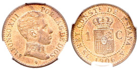 ALFONSO XIII (1885-1931). 1 Céntimo. (Ae. 1,00g/15mm)*. 1906 *6. Madrid SLV. (Cal-2019-2). Encapsulada por NCV. MS 64. *Peso y medidas teóricos.