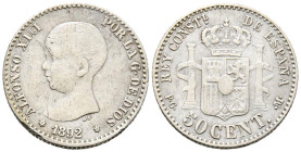 ALFONSO XIII (1885-1931). 50 Céntimos. (Ar. 2,47g/18mm). 1892 *9-2. Madrid PGM. (Cal-2019-38). MBC+.