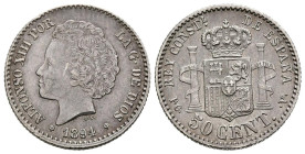 ALFONSO XIII (1885-1931). 50 Céntimos. (Ar. 2,49g/18mm). 1894 *9-4. Madrid PGV. (Cal-2019-43). EBC-