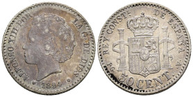 ALFONSO XIII (1885-1931). 50 Céntimos. (Ar. 2,50g/18mm). 1894 *9-4. Madrid PGV. (Cal-2019-43). MBC-. Bonita pátina.