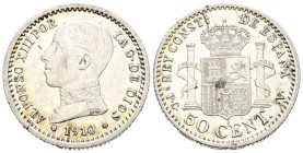ALFONSO XIII (1885-1931). 50 Céntimos. (Ar. 2,49g/18mm). 1910 *1-0. Madrid PCV. (Cal-2019-48). SC.