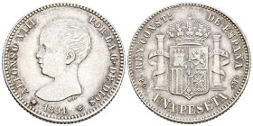 ALFONSO XIII (1885-1931). 1 Peseta. (Ar. 5,11g/23mm). 1891 *18-91. Madrid PGM. (Cal-2019-53). MBC+. Estrellas perfectamente visibles.