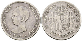 ALFONSO XIII (1885-1931). 1 Peseta. (Ar. 4,84g/23mm). 1891 *18-91. Madrid PGM. (Cal-2019-53). BC+.