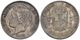 ALFONSO XIII (1885-1931). 1 Peseta. (Ar. 4,99g/23mm). 1893 *18-93. Madrid PGV. (Cal-2019-54). MBC+. Estrellas flojas pero visibles. Pátina oscura.