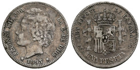 ALFONSO XIII (1885-1931). 1 Peseta (Ar. 4,89g /23mm). 1893 * 18-93. Madrid PGV. (Cal-2019-54). MBC-. Escasa.