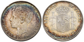 ALFONSO XIII (1885-1931). 1 Peseta. (Ar. 5,08g/23mm). 1900 *19-00. Madrid SMV. (Cal-2019-59). SC-. Brillo original. Bonita pátina irisada.