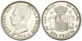 ALFONSO XIII (1885-1931). 1 Peseta. (Ar. 5,01g/23mm). 1903 *19-03. Madrid SMV. (Cal-2019-67). EBC. Limpiada.
