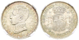 ALFONSO XIII (1885-1931). 1 Peseta. (Ar. 5,00g/23mm)*. 1904* 19-04. Madrid SMV. (Cal-2019-68). Encapsulada por NN Coins MS 63+. Peso y medidas teórico...