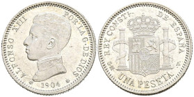 ALFONSO XIII (1885-1931). 1 Peseta. (Ar. 4,97g/23mm). 1904* 19-04. Madrid SMV. (Cal-2019-68). EBC+. Brillo original.