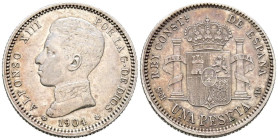 ALFONSO XIII (1885-1931). 1 peseta. (Ar. 4,95g/23mm). 1904* 19-04. Madrid SMV. (Cal-2019-68). EBC.