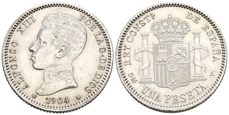 ALFONSO XIII (1885-1931). 1 Peseta. (Ar. 5,01g/23mm). 1904 * 19-04. Madrid SMV. ...