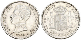 ALFONSO XIII (1885-1931). 1 Peseta. (Ar. 5,01g/23mm). 1904 * 19-04. Madrid SMV. (Cal-2019-68). EBC. Limpiada.