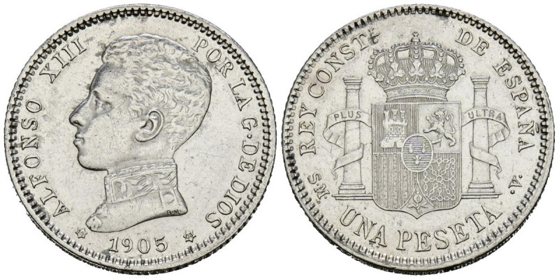 ALFONSO XIII (1885-1931). 1 Peseta. (Ar. 5,02g/23mm). 1905 * 19-05. Madrid SMV. ...