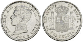 ALFONSO XIII (1885-1931). 1 Peseta. (Ar. 5,02g/23mm). 1905 * 19-05. Madrid SMV. (Cal-2019-70). MBC+. Limpiada. Escasa.