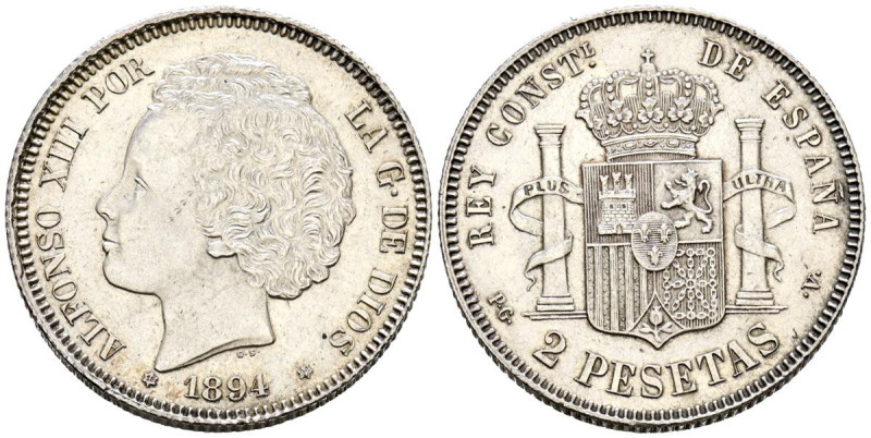 ALFONSO XIII (1885-1931). 2 Pesetas. (Ar. 10,01g/27mm). 1894 *18-94. Madrid PGV....