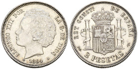 ALFONSO XIII (1885-1931). 2 Pesetas. (Ar. 10,01g/27mm). 1894 *18-94. Madrid PGV. (Cal-2019-86). EBC-. Marquitas. Escasa.