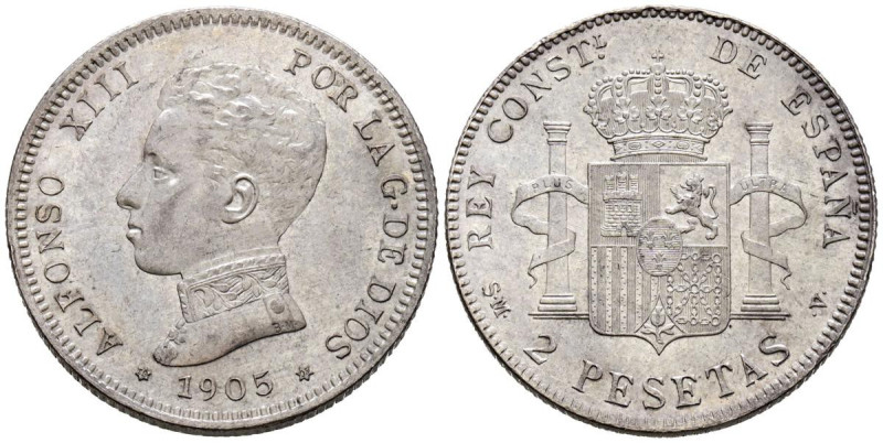 ALFONSO XIII (1885-1931). 2 Pesetas (Ar. 9,93g/27mm). 1905 *19-05. Madrid SMV. (...