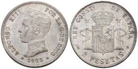 ALFONSO XIII (1885-1931). 2 Pesetas (Ar. 9,93g/27mm). 1905 *19-05. Madrid SMV. (Cal-2019-88). EBC.