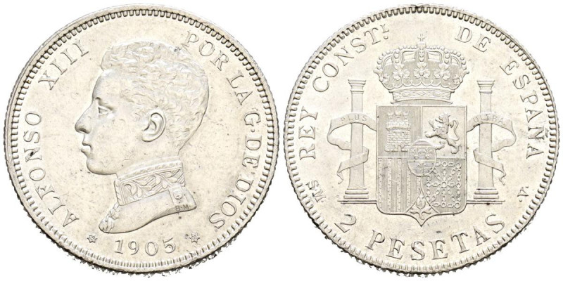ALFONSO XIII (1885-1931). 2 Pesetas. (Ar. 10,01g/27mm). 1905 *19-05. Madrid SMV....