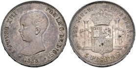 ALFONSO XIII (1885-1931). 5 Pesetas. (Ar. 25,06g/37mm). 1888 *18-88. Madrid MPM. (Cal-2019-92). EBC-. Marquitas. Bonito tono.