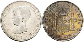 ALFONSO XIII (1885-1931). 5 Pesetas. (Ar. 24,84g/37mm). 1890 *18-90. Madrid PGM. (Cal-2019-97). MBC+. Tono irisado en reverso.