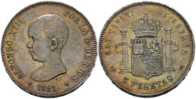 ALFONSO XIII (1885-1931). 5 Pesetas. (Ar. 25,04g/37mm). 1891 *18-91. Madrid PGM. (Cal-2019-98). EBC-. Preciosa pátina tornasolada.