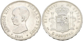 ALFONSO XIII (1885-1931). 5 Pesetas. (Ar. 24,99g/37mm). 1891 *18-91. Madrid PGM. (Cal-2019-98). EBC. Limpiada.
