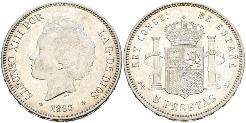 ALFONSO XIII (1885-1931). 5 Pesetas. (Ar. 25,03g/37mm). 1893 *18-93. Madrid PGL....