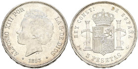 ALFONSO XIII (1885-1931). 5 Pesetas. (Ar. 25,03g/37mm). 1893 *18-93. Madrid PGL. (Cal-2019-102). EBC. Rayitas de limpieza. Restos de brillo original.