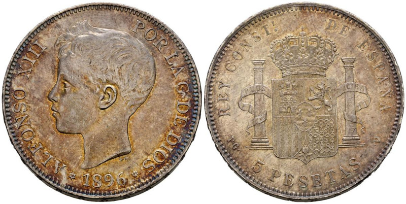 ALFONSO XIII (1885-1931). 5 pesetas. (Ar. 24,79g/37mm). 1896 *18-96. Madrid PGV....