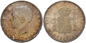 ALFONSO XIII (1885-1931). 5 pesetas. (Ar. 24,79g/37mm). 1896 *18-96. Madrid PGV. (Cal-2019-106). EBC. Restos de brillo original, tono irisado.