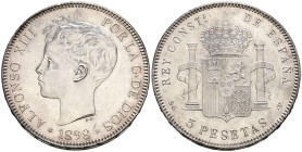 ALFONSO XIII (1885-1931). 5 Pesetas. (Ar. 25,02g/37mm). 1898 *18-98. Madrid SGV. (Cal-2019-109). SC-. Rayitas en anverso. Magnífico ejemplar.