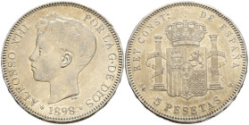 ALFONSO XIII (1885-1931). 5 Pesetas. (Ar. 25,13g/37mm). 1898 *18-98. Madrid SGV. (Cal-2019-109). EBC-. Marquitas.