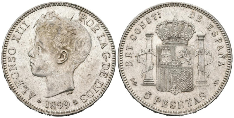 ALFONSO XIII (1885-1931). 5 Pesetas. (Ar. 24,73g/37mm). 1899 *18-99. Madrid SGV....