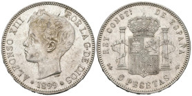 ALFONSO XIII (1885-1931). 5 Pesetas. (Ar. 24,73g/37mm). 1899 *18-99. Madrid SGV. (Cal-2019-110). EBC+. Pátina irisada en reverso.