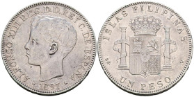 ALFONSO XIII (1885-1931). 1 Peso. (Ar. 25,06g/37mm). 1897. Manila SGV. (Cal-2019-122). MBC+. Marquitas.
